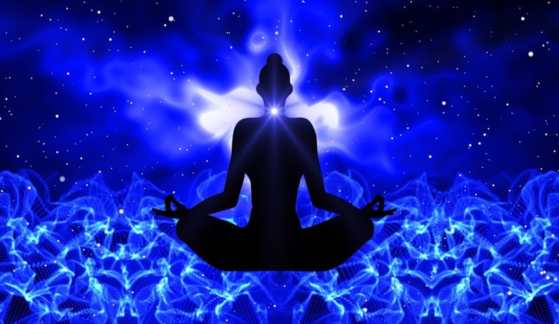 imagem de uma pessoa em posição sentada com uma luz no Chakra da Garganta